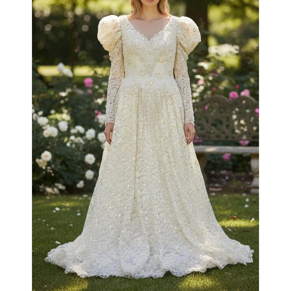 Vintage Wedding Dress Zurcion Method Prestige 10-12 Poof Shoulders Pearls Sequin
